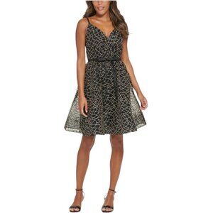 Calvin Klein NWT Metallic-Embroidered A-Line Dress, Black V-Neck Women's Size 12
